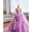 Charming Lavender Cascading Ruffles Pearl Prom Dresses 2023 Ball Gown Off-The-Shoulder Short Sleeve Backless Court Train Prom Formal Dresses