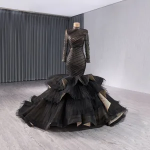 Muslimsk High End Svart Trompet Havfrue Gripende Ruffles Brudekjoler 2024 Høy Hals Langermede Chapel Train