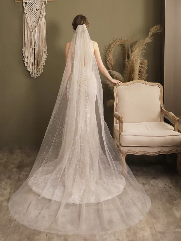 Modest / Simple White Glitter Sweep Train 2 m Wedding Veils 2025