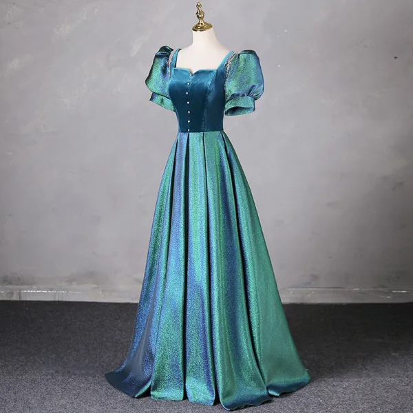 Vintage / Retro Green Prom Dresses 2024 A-Line / Princess Square Neckline Puffy Short Sleeve Backless Floor-Length / Long Prom Formal Dresses