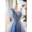 Simple Bleu Ciel Perlage Paillettes Robe De Bal 2023 Princesse Encolure Carrée Manches Courtes Dos Nu Longue Promo Robe De Ceremonie
