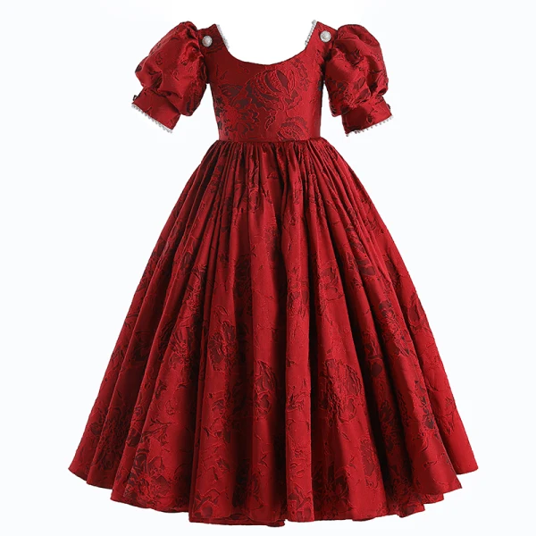 Chic / Belle Rouge Impression Anniversaire Robe Ceremonie Fille 2024 Princesse Encolure Dégagée Gonflée Perle Manches Courtes Longue