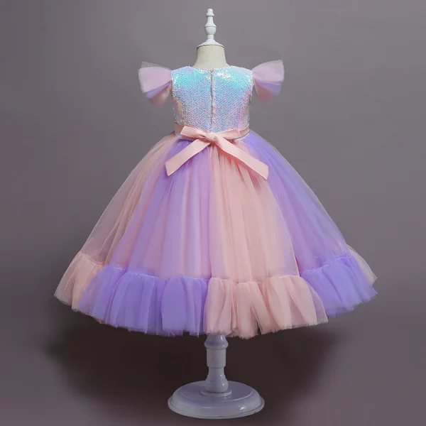 Lovely Sky Blue Sequins Birthday Flower Girl Dresses 2023 Ball Gown Scoop Neck Short Sleeve Bow Floor-Length / Long Flower Girl Dresses