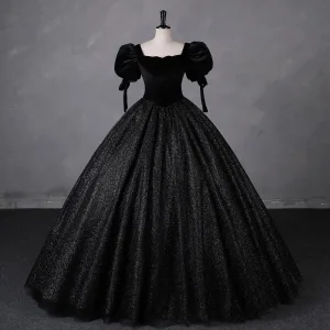Vintage Originale Noire Glitter Velours Robe De Bal 2023 Robe Boule Encolure Carrée Manches Courtes Dos Nu Longue Promo Robe De Ceremonie