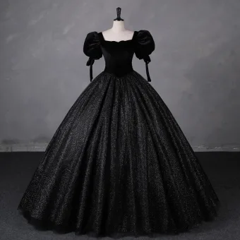 Vintage Originale Noire Glitter Velours Robe De Bal 2023 Robe Boule Encolure Carrée Manches Courtes Dos Nu Longue Promo Robe De Ceremonie