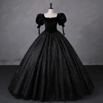 Vintage Retro Black Glitter Velvet Prom Dresses 2023 Ball Gown Square Neckline Short Sleeve Backless Floor Length Long Prom Formal Dresses