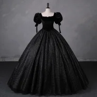 Vintage Negro Glitter Terciopelo Vestidos de gala 2023 Ball Gown Escote Cuadrado Manga Corta Sin Espalda Largos Gala Vestidos Formales