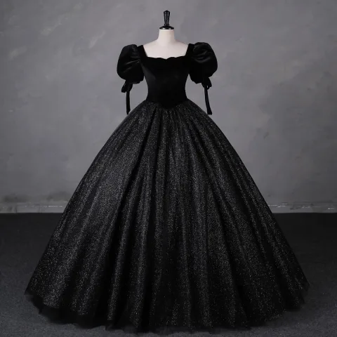 Vintage Schwarz Glanz Samt Ballkleider 2023 Ballkleid Eckiger Ausschnitt Kurze Ärmel Rückenfreies Lange Ball Festliche Kleider