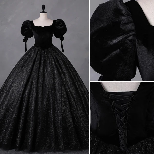 Vintage / Retro Black Glitter Velvet Prom Dresses 2023 Ball Gown Square Neckline Short Sleeve Backless Floor-Length / Long Prom Formal Dresses