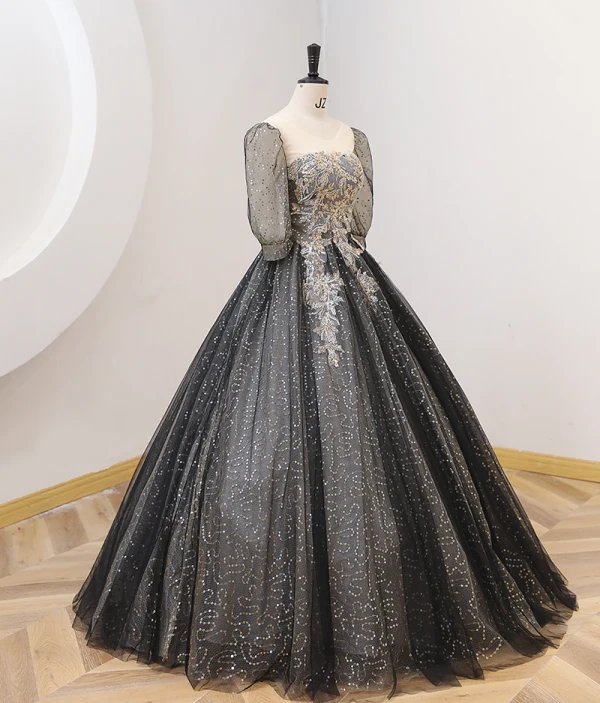 Sparkly Black Sequins Prom Dresses 2022 Ball Gown Scoop Neck 1/2 Sleeves Backless Floor-Length / Long Prom Formal Dresses