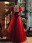 Chic / Belle Bordeaux Perlage Paillettes Robe De Bal 2022 Princesse Bustier Gonflée Manches Courtes Dos Nu Longue Robe De Ceremonie
