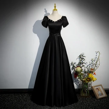Elegant Black Satin Prom Dresses 2023 A Line Princess Pearl Scoop Neck Short Sleeve Backless Floor Length Long Prom Formal Dresses