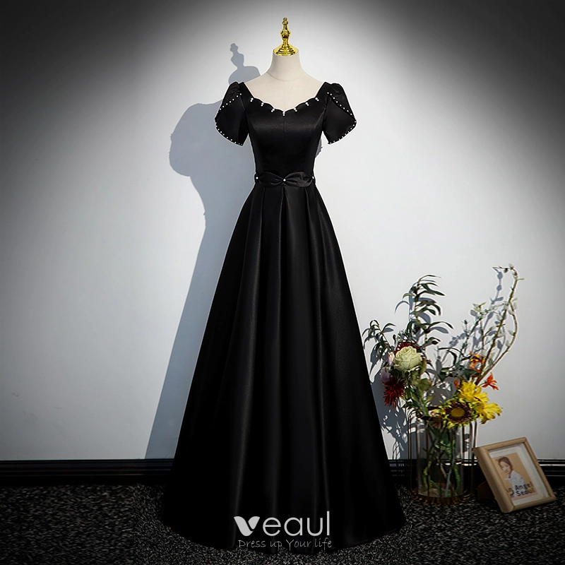 Elegant Black Satin Prom Dresses 2023 A-Line / Princess Pearl Scoop Neck  Short Sleeve Backless Floor-Length / Long Prom Formal Dresses