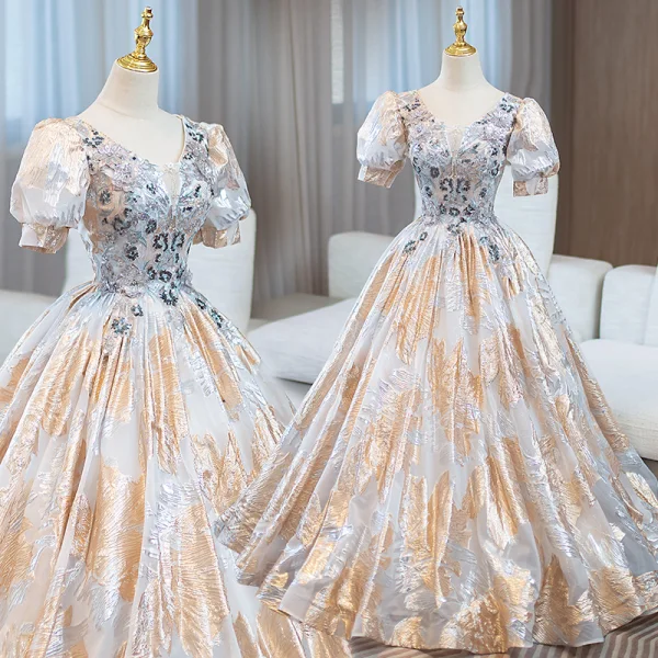 Elegant Rhinestone Sequins Lace Flower Gold Prom Dresses 2024 Ball Gown V-Neck Short Sleeve Backless Floor-Length / Long Formal Dresses