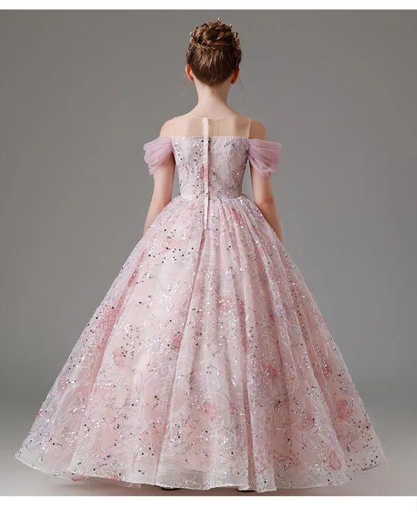 Chic / Beautiful Blushing Pink Beading Sequins Lace Flower Flower Girl Dresses 2024 Birthday Ball Gown Scoop Neck Short Sleeve Floor-Length / Long