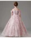 Chic / Beautiful Blushing Pink Beading Sequins Lace Flower Flower Girl Dresses 2024 Birthday Ball Gown Scoop Neck Short Sleeve Floor-Length / Long