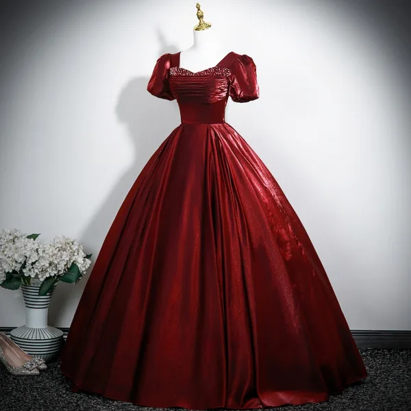 Vintage / Retro Burgundy Beading Velvet Prom Dresses 2025 Ball Gown Square Neckline Short Sleeve Backless Floor-Length / Long Formal Dresses