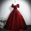 Vintage / Retro Burgundy Beading Velvet Prom Dresses 2025 Ball Gown Square Neckline Short Sleeve Backless Floor-Length / Long Formal Dresses
