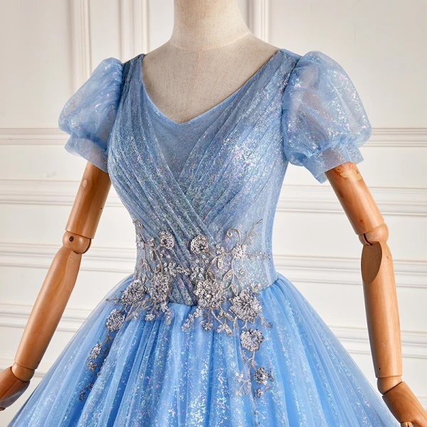 Elegant Pool Blue Lace Flower Sequins Prom Dresses 2022 Ball Gown V-Neck Short Sleeve Backless Floor-Length / Long Prom Formal Dresses