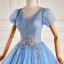 Elegant Pool Blue Lace Flower Sequins Prom Dresses 2022 Ball Gown V-Neck Short Sleeve Backless Floor-Length / Long Prom Formal Dresses