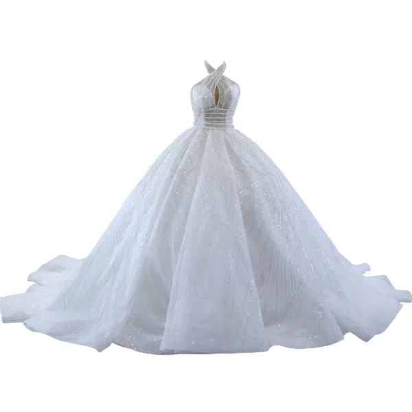 Luxury / Gorgeous White Handmade  Beading Pearl Sequins Wedding Dresses 2023 Ball Gown Halter Sleeveless Backless Floor-Length / Long Wedding