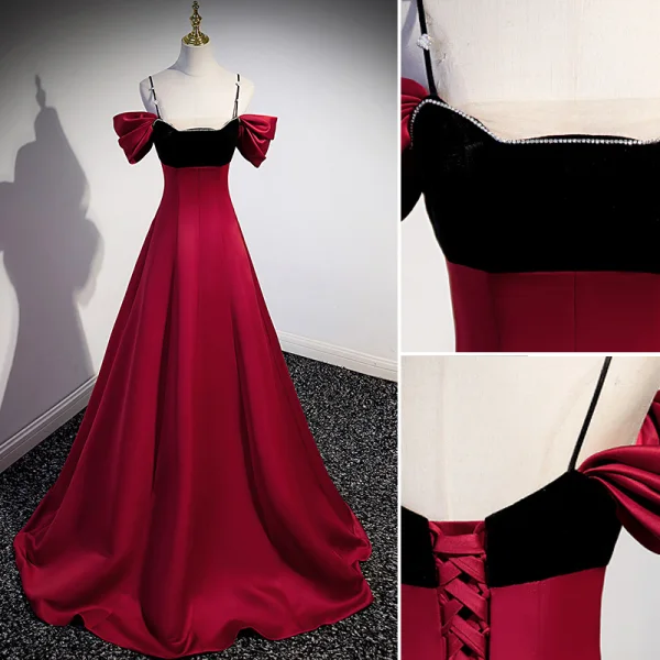 Charming Burgundy Rhinestone Satin Evening Dresses Backless 2023 A-Line / Princess Spaghetti Straps Short Sleeve Floor-Length / Long Evening Party Formal Dresses
