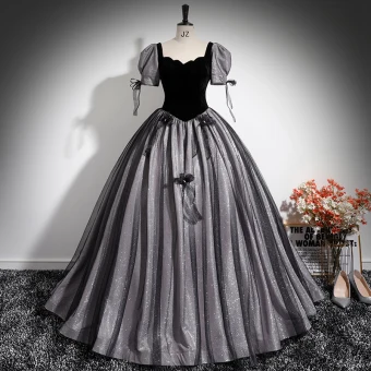 Elegant Black Appliques Glitter Prom Dresses 2024 Ball Gown Square Neckline Short Sleeve Backless Floor Length Long Prom Formal Dresses