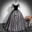Elegant Black Appliques Glitter Prom Dresses 2024 Ball Gown Square Neckline Short Sleeve Backless Floor-Length / Long Prom Formal Dresses