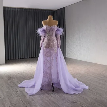 Haut De Gamme Lavande Fait Main Perlage Faux Diamant Paillettes Robe De Bal 2024 Trompette Sirène De L Épaule Gland 1 2 Manches Dos Nu Train De Balayage Promo