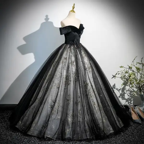 Elegant Black Appliques Sequins Prom Dresses 2025 Ball Gown Off-The-Shoulder Sleeveless Backless Floor-Length / Long Prom Formal Dresses