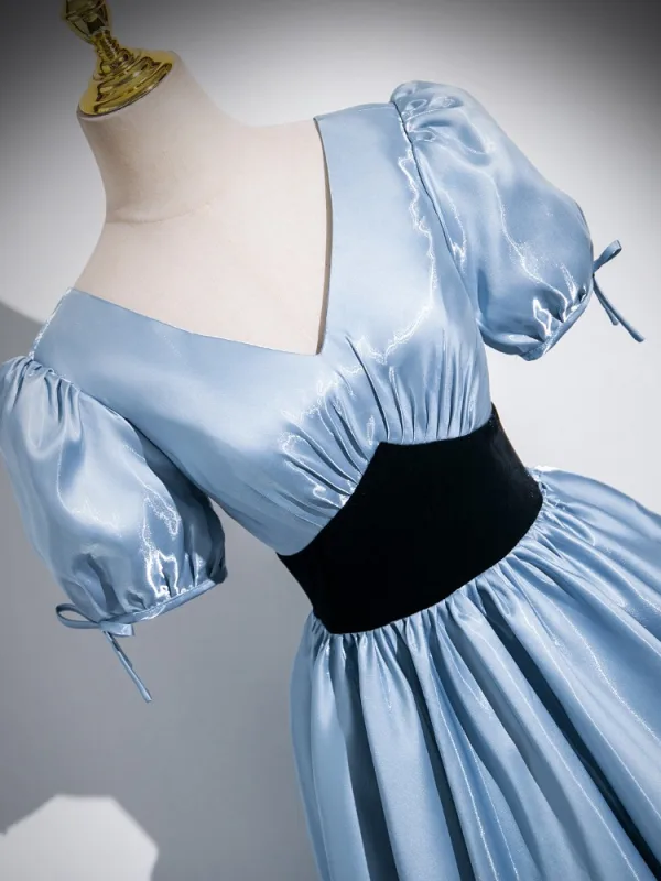 Chic / Beautiful Sky Blue Prom Dresses 2024 Ball Gown V-Neck Puffy Short Sleeve Backless Floor-Length / Long Prom Formal Dresses