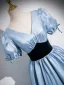 Chic / Beautiful Sky Blue Prom Dresses 2024 Ball Gown V-Neck Puffy Short Sleeve Backless Floor-Length / Long Prom Formal Dresses