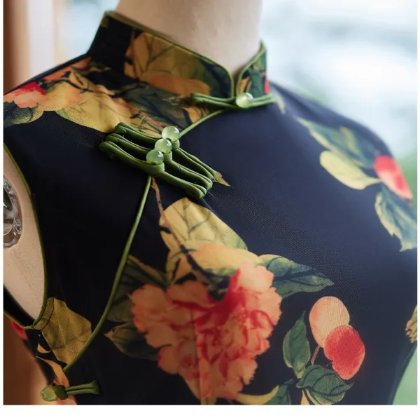 Style Chinois Vintage / Originale Noire Impression Cheongsam 2024 Trompette / Sirène Col Haut Sans Manches Thé Longueur