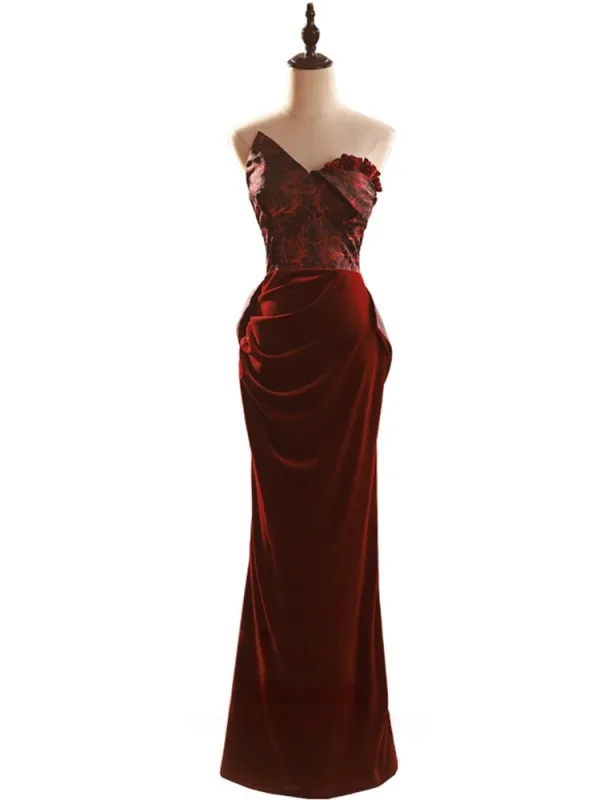 Sexy Burgundy Printing Evening Dresses 2026 Trumpet / Mermaid Strapless Sleeveless Backless Bow Floor-Length / Long Formal Dresses