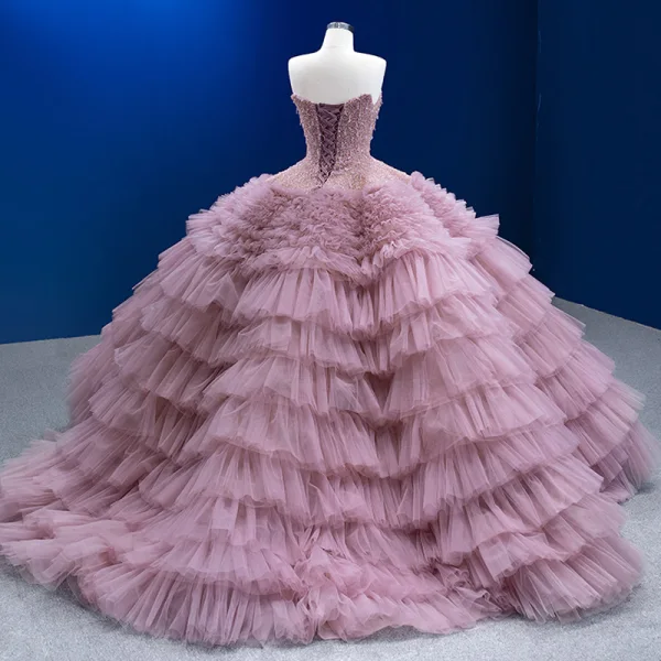 Luxe Rougissant Rose Perlage Faux Diamant Perle Paillettes Robe De Mariée 2023 Robe Boule Bustier Sans Manches Dos Nu Volants en Cascade Train De Balayage Mariage
