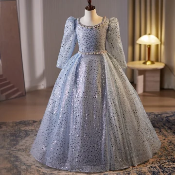 Sparkly Sky Blue Beading Pearl Rhinestone Birthday Flower Girl Dresses 2024 Ball Gown Scoop Neck 3 4 Sleeve Backless Floor Length Long