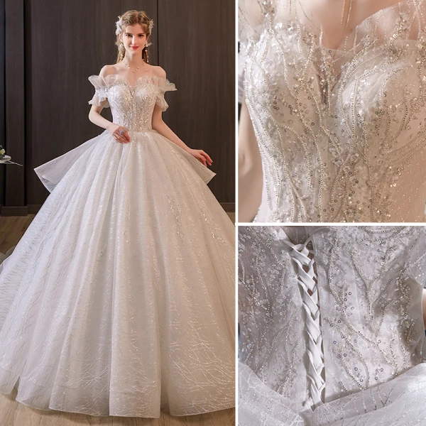 Vintage / Retro Charming Ivory Beading Sequins Wedding Dresses 2022 Ball Gown Off-The-Shoulder Short Sleeve Backless Royal Train Wedding