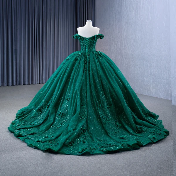 Luxury / Gorgeous Dark Green Handmade  Beading Sequins Appliques Prom Dresses 2023 Ball Gown Off-The-Shoulder Sleeveless Backless Court Train Prom Formal Dresses