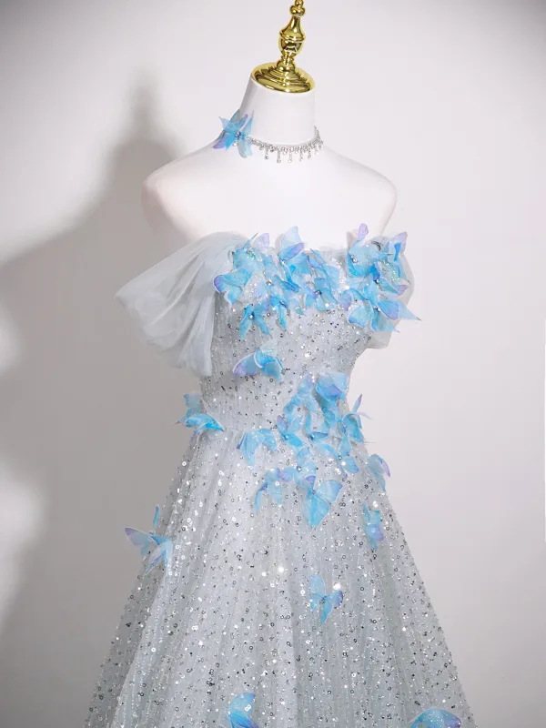 Charmant Silber Schmetterling Strass Pailletten Ballkleider 2025 A Linie Off Shoulder Ärmellos Rückenfreies Sweep / Pinsel Zug Festliche Kleider