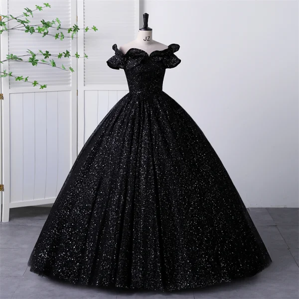 Elegant Black Sequins Prom Dresses Ball Gown 2023 Off-The-Shoulder Short Sleeve Backless Floor-Length / Long Formal Dresses