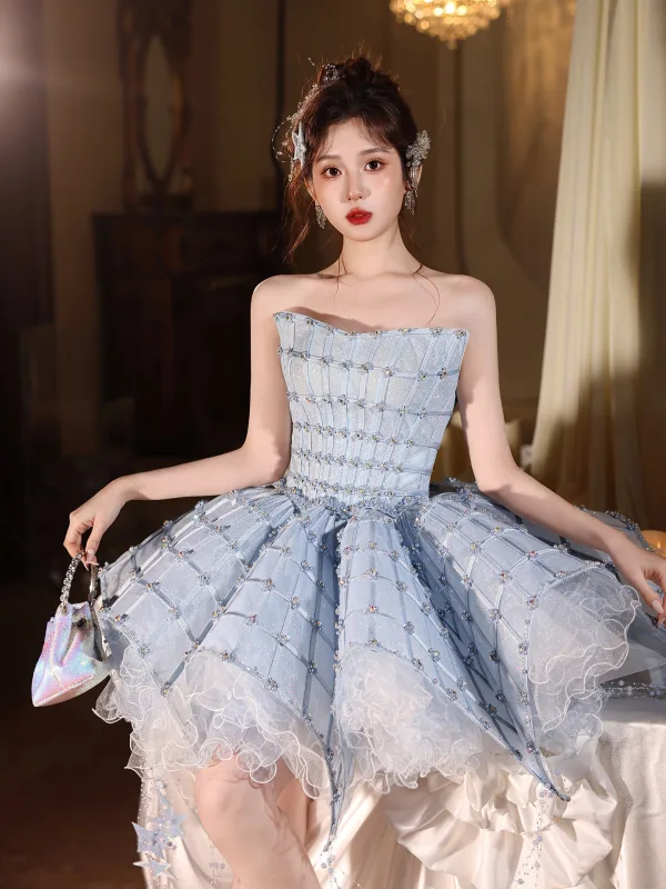 Sexy Sky Blue Pearl Sequins Short Party Dresses 2026 Ball Gown Strapless Sleeveless Backless Cocktail Party Evening Party Formal Dresses
