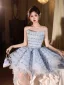 Sexy Sky Blue Pearl Sequins Short Party Dresses 2026 Ball Gown Strapless Sleeveless Backless Cocktail Party Evening Party Formal Dresses
