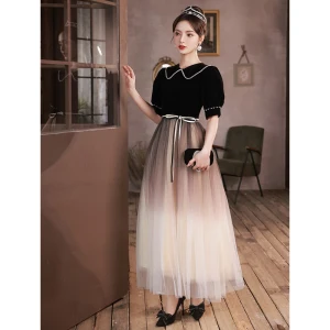 Élégant Noire Robe De Soirée 2023 Princesse Perle Encolure Dégagée Noeud Ceinture Manches Courtes Longue Soirée Robe De Ceremonie