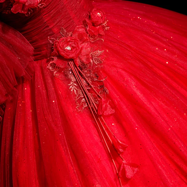 Elegant Red Beading Lace Flower Appliques Prom Dresses 2023 Ball Gown Spaghetti Straps Rhinestone Short Sleeve Backless Floor-Length / Long Prom Formal Dresses