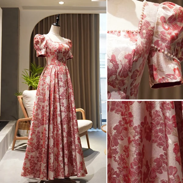 Elegant Burgundy Floral Prom Dresses 2022 A-Line / Princess Satin Square Neckline Pearl Puffy Short Sleeve Backless Floor-Length / Long Prom Formal Dresses