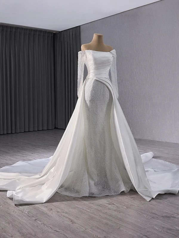 High End Weiß Handgefertigt Perlenstickerei Pailletten Brautkleider / Hochzeitskleider 2024 Meerjungfrau Off Shoulder Lange Ärmel Rückenfreies Kapelle-Schleppe Hochzeit
