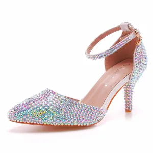 Piękne Multi Kolory Rhinestone Buty Ślubne 2022 7 Cm Szpilki Z Paskiem Szpiczaste Ślub Wysokie Obcasy