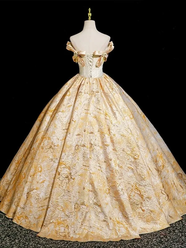 Elegant Gold Printing Prom Dresses 2025 A-Line / Princess Off-The-Shoulder Short Sleeve Backless Floor-Length / Long Formal Dresses