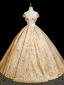 Elegant Gold Printing Prom Dresses 2025 A-Line / Princess Off-The-Shoulder Short Sleeve Backless Floor-Length / Long Formal Dresses