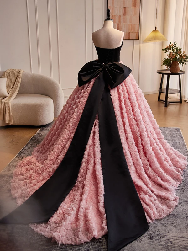 Lovely Blushing Pink Flower Prom Dresses 2024 Ball Gown Strapless Sleeveless Backless Bow Court Train Prom Formal Dresses